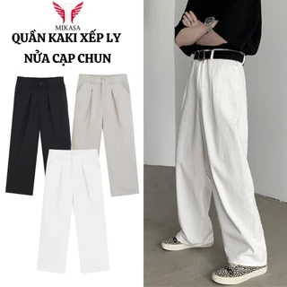 Quần Kaki Xếp Ly Ống Rộng Nam Nữ Lưng Cao Cạp Chun - Quần Suông Phong Cách Hàn Quốc  LUCY MALL