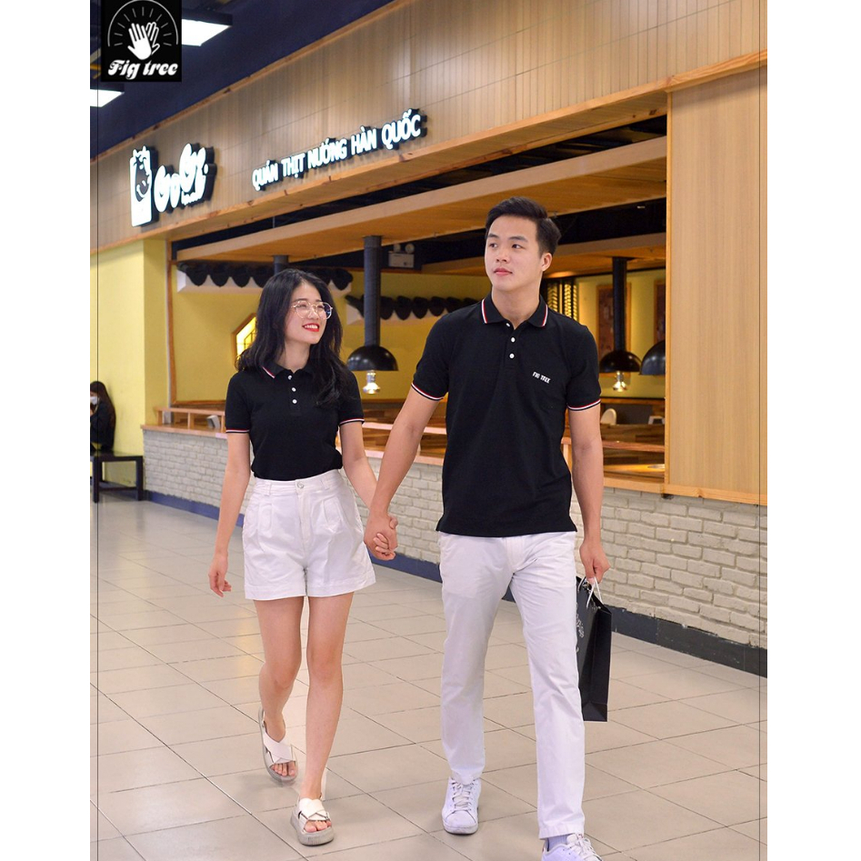 Set Áo Thun Đôi Fig Tree Thun Polo Cá Sấu Màu Đen Phối viền Model, Hàng thiết kế, có size đến 110kg