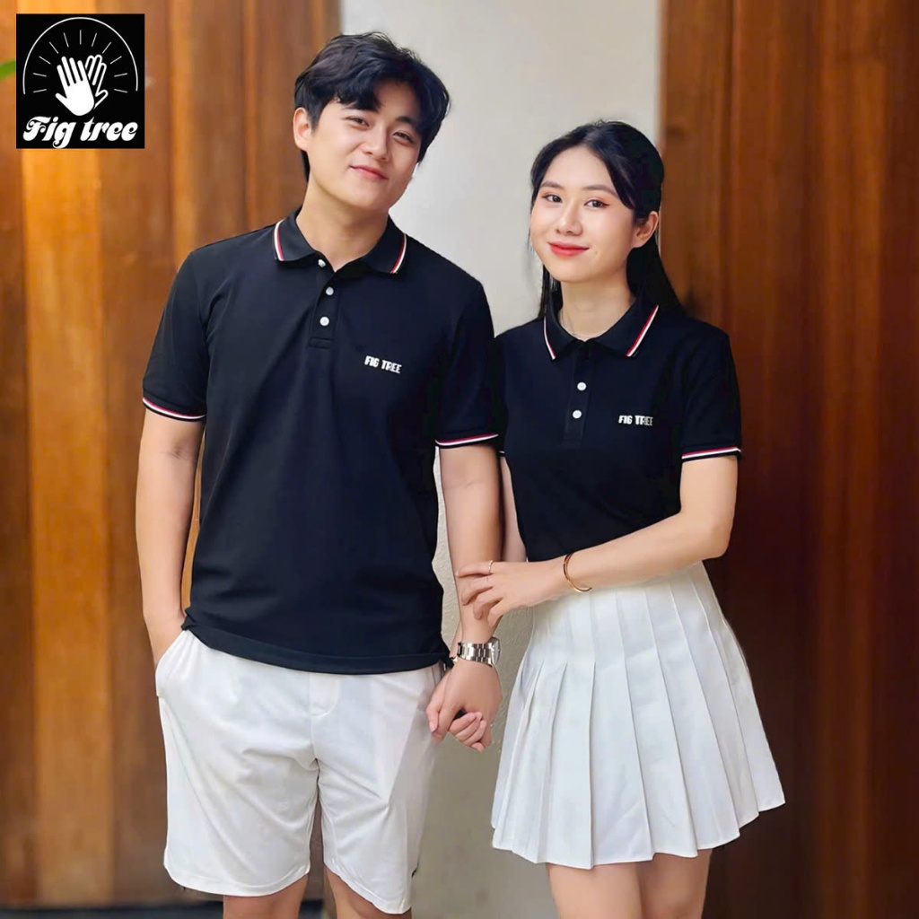 Set Áo Thun Đôi Fig Tree Thun Polo Cá Sấu Màu Đen Phối viền Model, Hàng thiết kế, có size đến 110kg