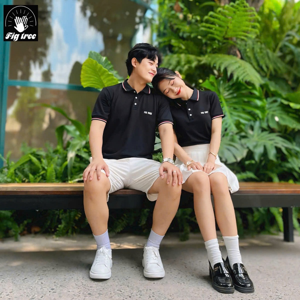 Set Áo Thun Đôi Fig Tree Thun Polo Cá Sấu Màu Đen Phối viền Model, Hàng thiết kế, có size đến 110kg