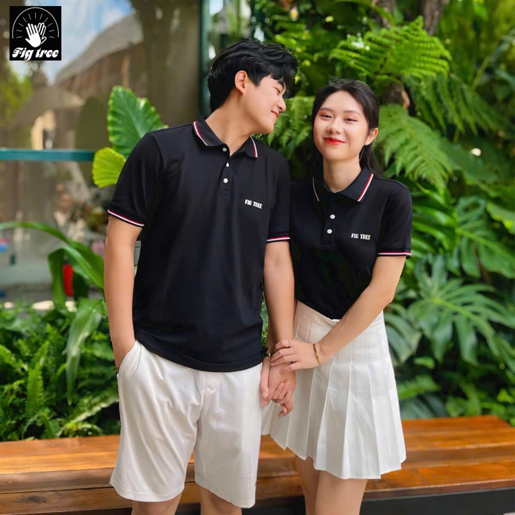 Set Áo Thun Đôi Fig Tree Thun Polo Cá Sấu Màu Đen Phối viền Model, Hàng thiết kế, có size đến 110kg
