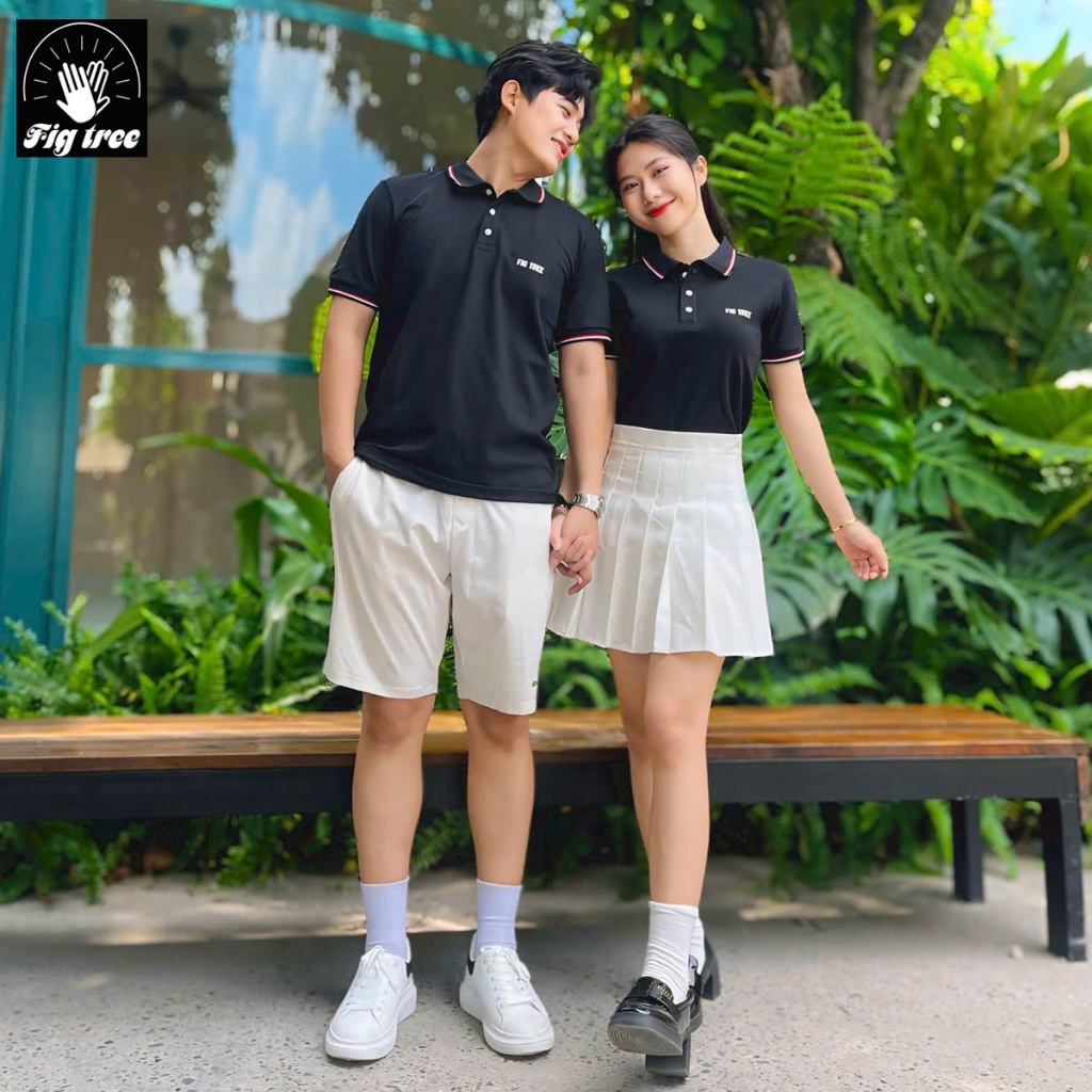 Set Áo Thun Đôi Fig Tree Thun Polo Cá Sấu Màu Đen Phối viền Model, Hàng thiết kế, có size đến 110kg