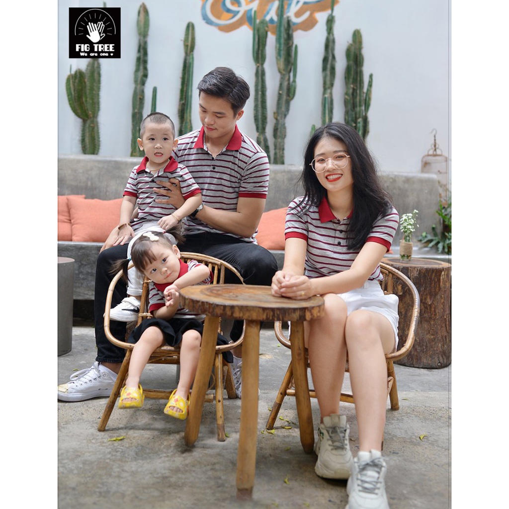 Set Áo Thun Gia Đình Fig Tree Kiểu Polo Sọc Đỏ Xám,Chất Cotton Co giãn, mềm mát cho mùa hè !!!