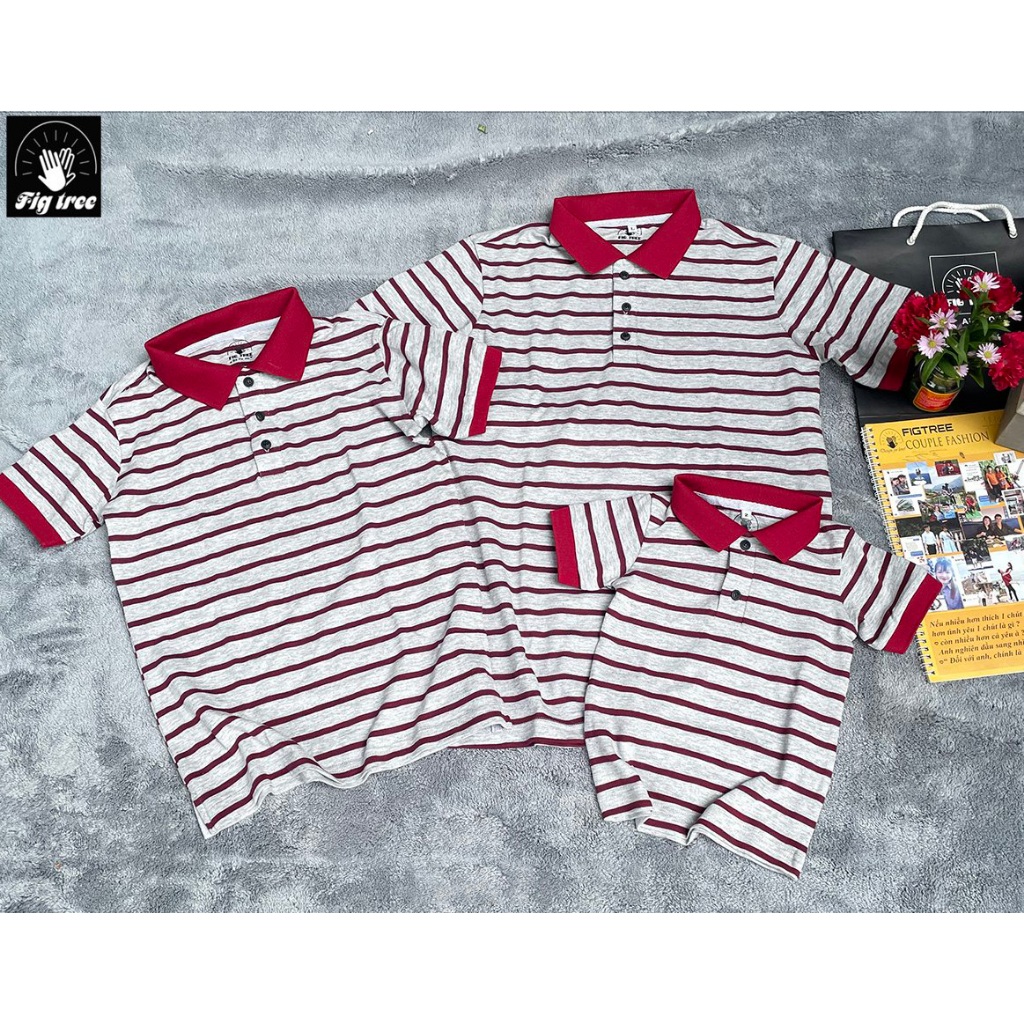 Set Áo Thun Gia Đình Fig Tree Kiểu Polo Sọc Đỏ Xám,Chất Cotton Co giãn, mềm mát cho mùa hè !!!