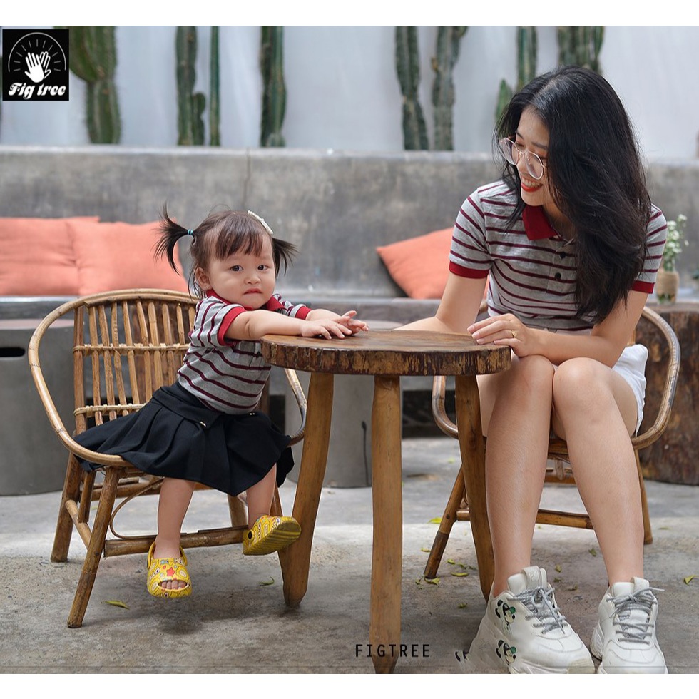 Set Áo Thun Gia Đình Fig Tree Kiểu Polo Sọc Đỏ Xám,Chất Cotton Co giãn, mềm mát cho mùa hè !!!