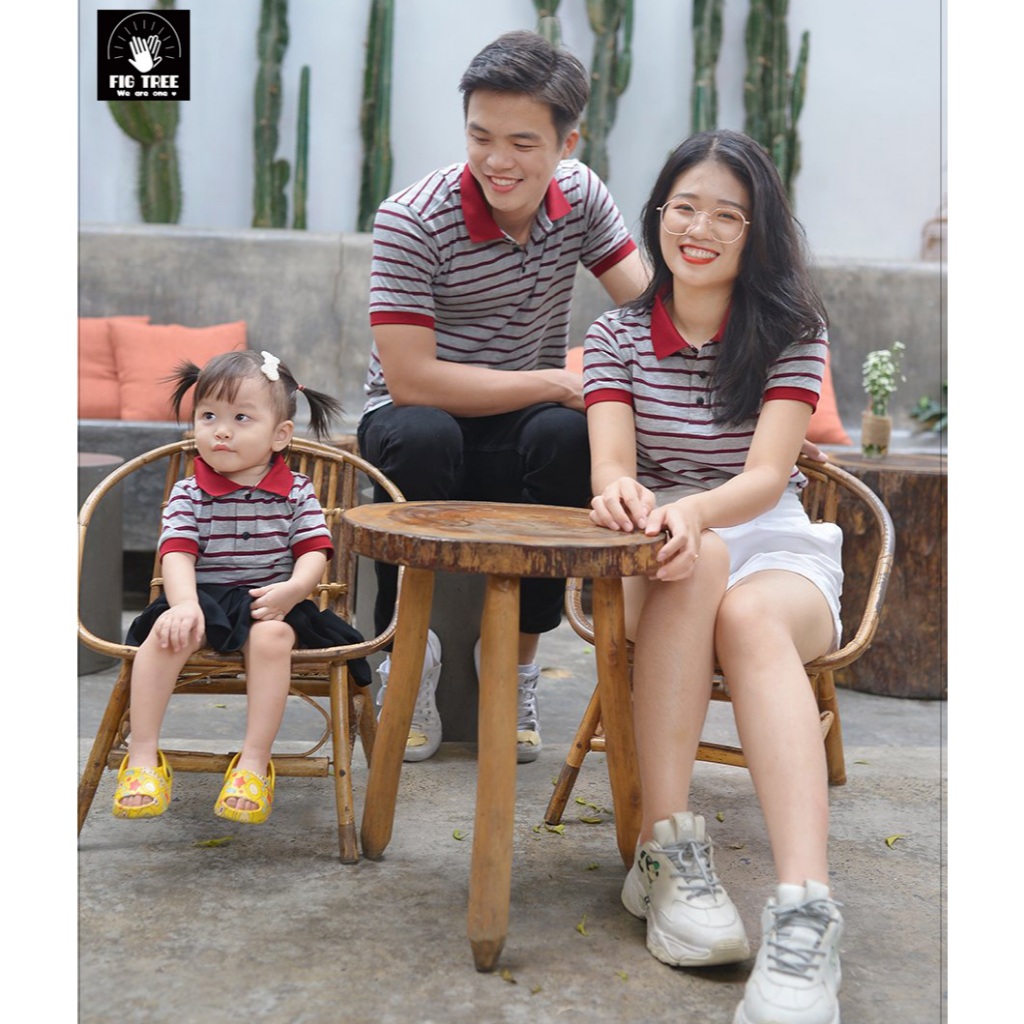 Set Áo Thun Gia Đình Fig Tree Kiểu Polo Sọc Đỏ Xám,Chất Cotton Co giãn, mềm mát cho mùa hè !!!