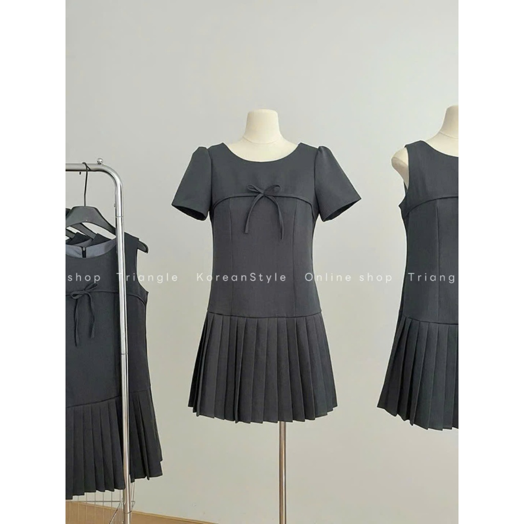 Triangle - Elegant Dress (Cân nhắc kỹ, return is not welcomed)- Đầm Hàn Quốc thanh lịch có tay dáng ngắn màu xám