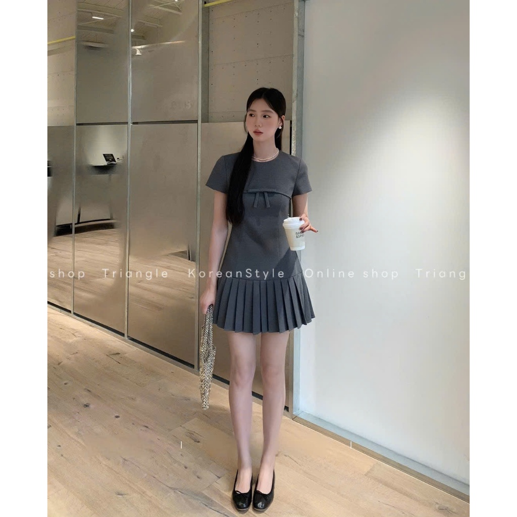 Triangle - Elegant Dress (Cân nhắc kỹ, return is not welcomed)- Đầm Hàn Quốc thanh lịch có tay dáng ngắn màu xám