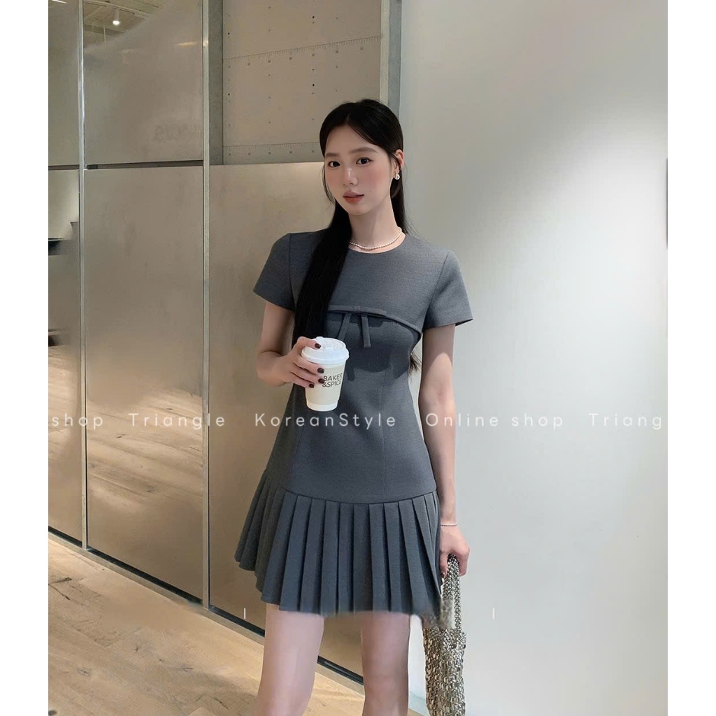 Triangle - Elegant Dress (Cân nhắc kỹ, return is not welcomed)- Đầm Hàn Quốc thanh lịch có tay dáng ngắn màu xám