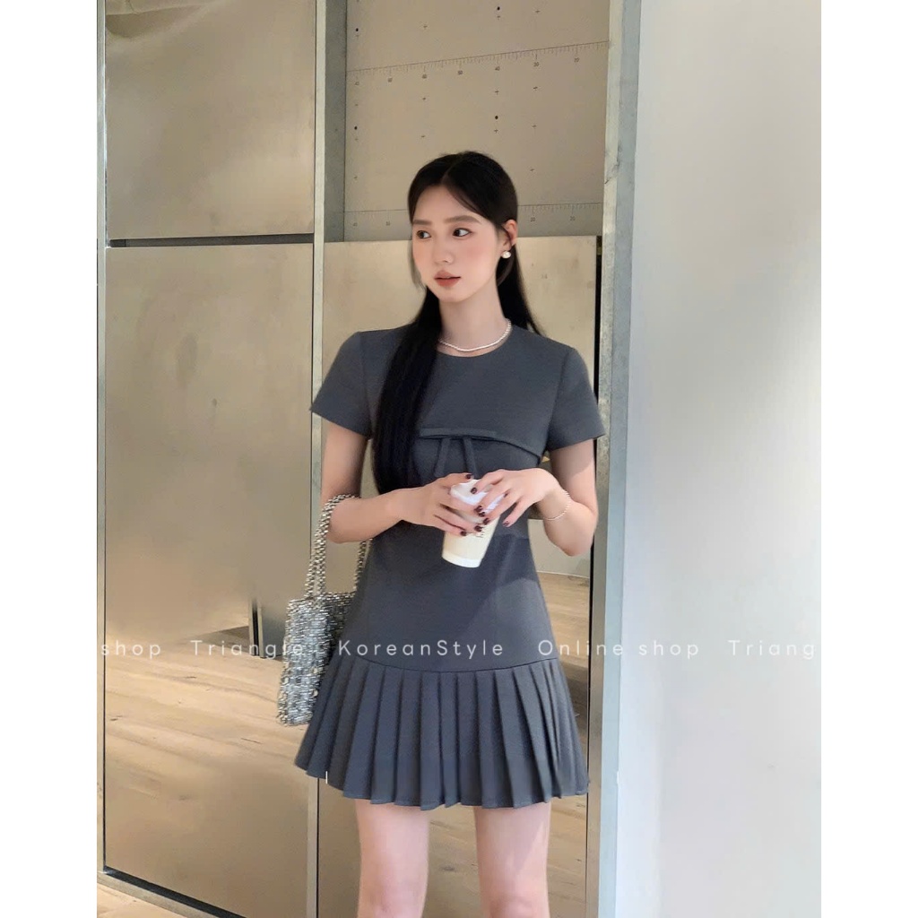 Triangle - Elegant Dress (Cân nhắc kỹ, return is not welcomed)- Đầm Hàn Quốc thanh lịch có tay dáng ngắn màu xám