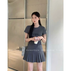 Triangle - Elegant Dress (Cân nhắc kỹ, return is not welcomed)- Đầm Hàn Quốc thanh lịch có tay dáng ngắn màu xám