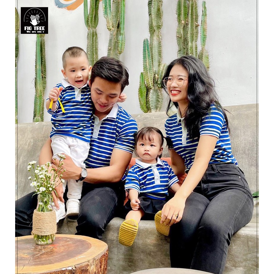Combo Áo Gia Đình Fig Tree Áo Thun Polo Sọc Xanh Bích, Chất Cotton Mềm Mát Tươi Mát, Có Nhiều size.