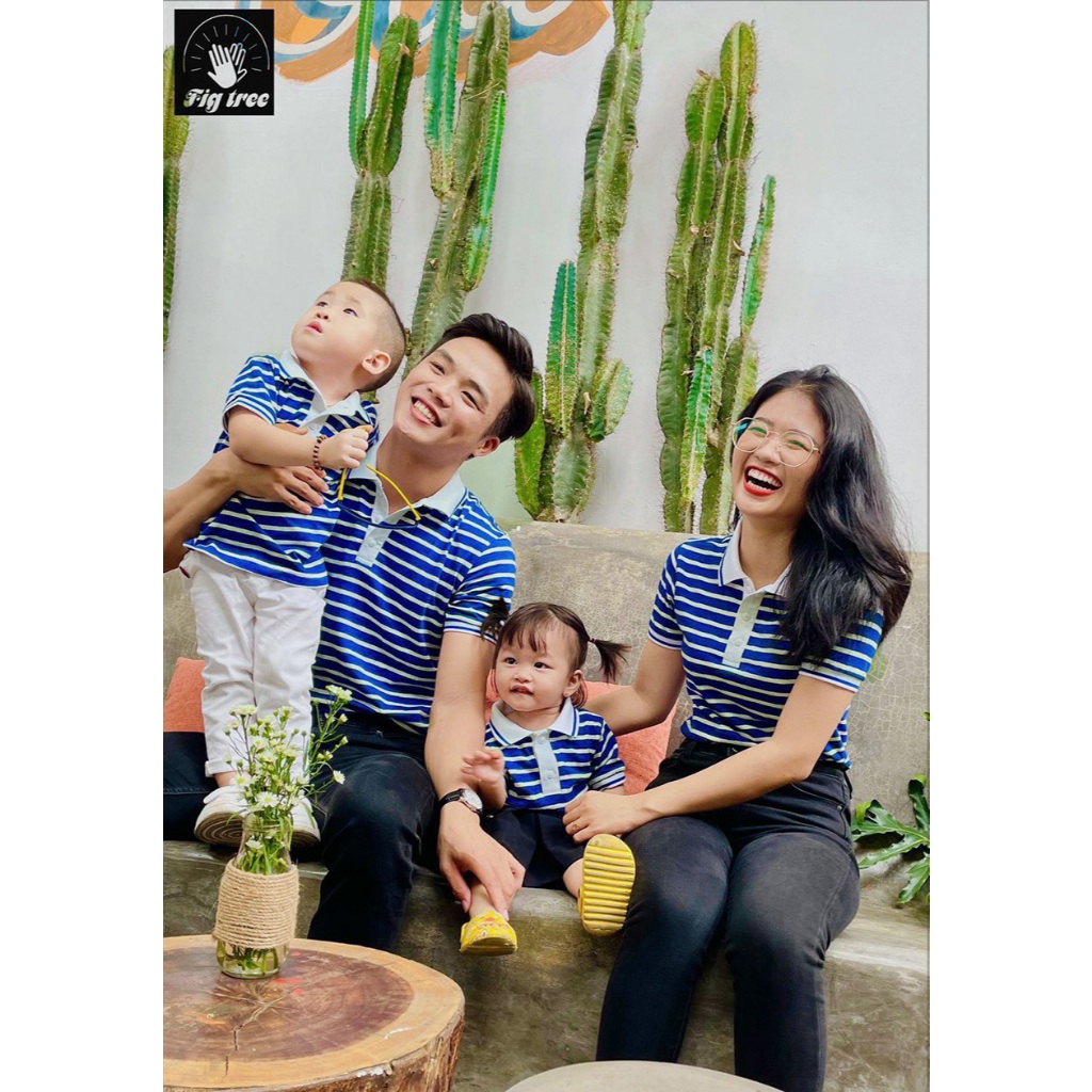 Combo Áo Gia Đình Fig Tree Áo Thun Polo Sọc Xanh Bích, Chất Cotton Mềm Mát Tươi Mát, Có Nhiều size.