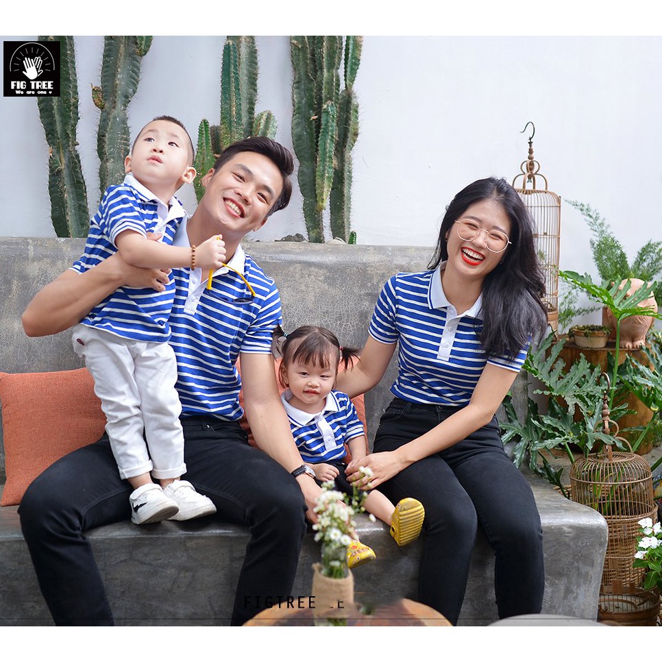 Combo Áo Gia Đình Fig Tree Áo Thun Polo Sọc Xanh Bích, Chất Cotton Mềm Mát Tươi Mát, Có Nhiều size.