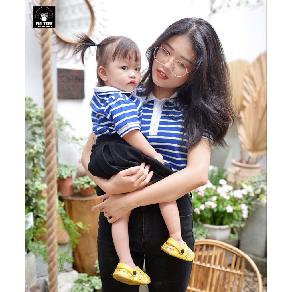 Combo Áo Gia Đình Fig Tree Áo Thun Polo Sọc Xanh Bích, Chất Cotton Mềm Mát Tươi Mát, Có Nhiều size.