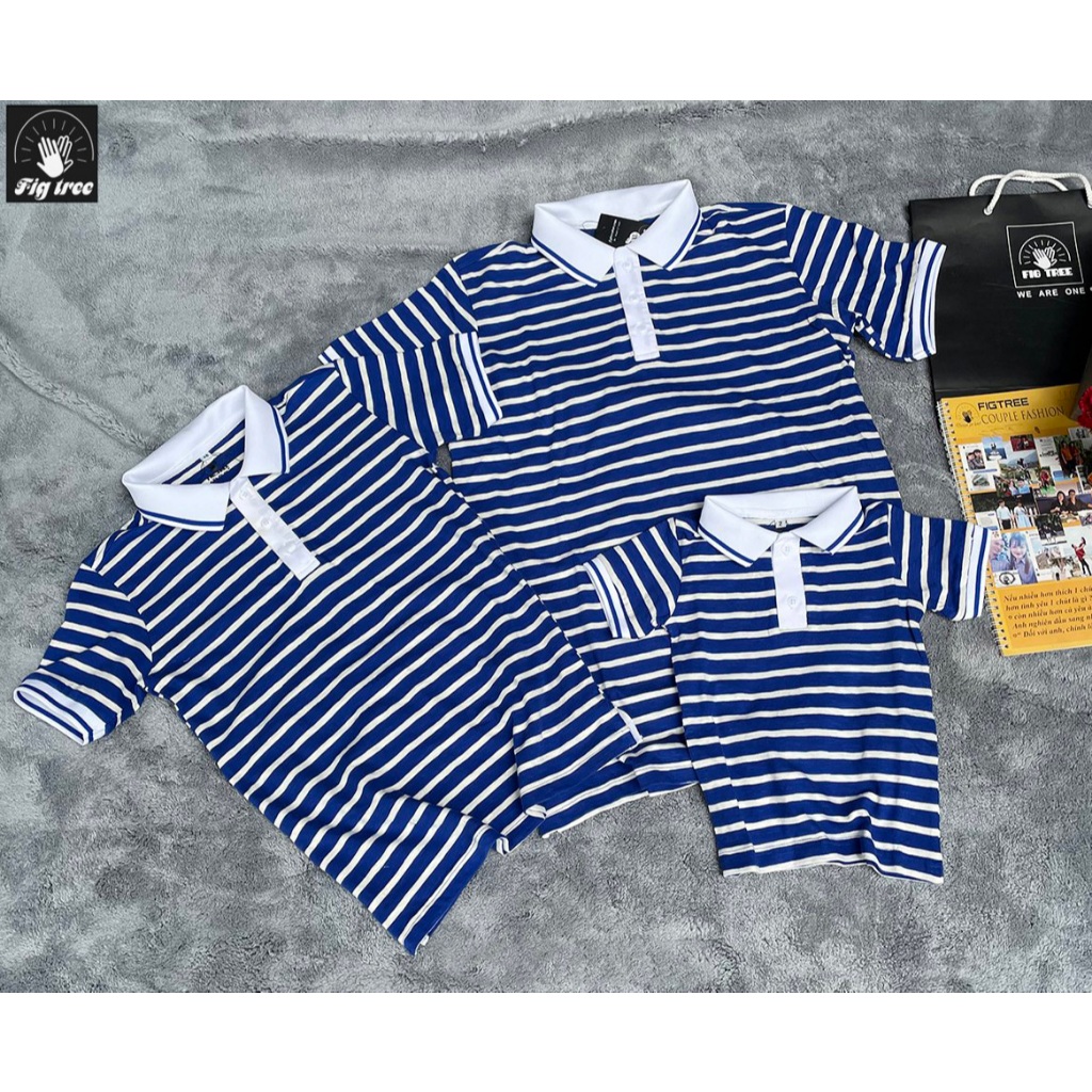 Combo Áo Gia Đình Fig Tree Áo Thun Polo Sọc Xanh Bích, Chất Cotton Mềm Mát Tươi Mát, Có Nhiều size.