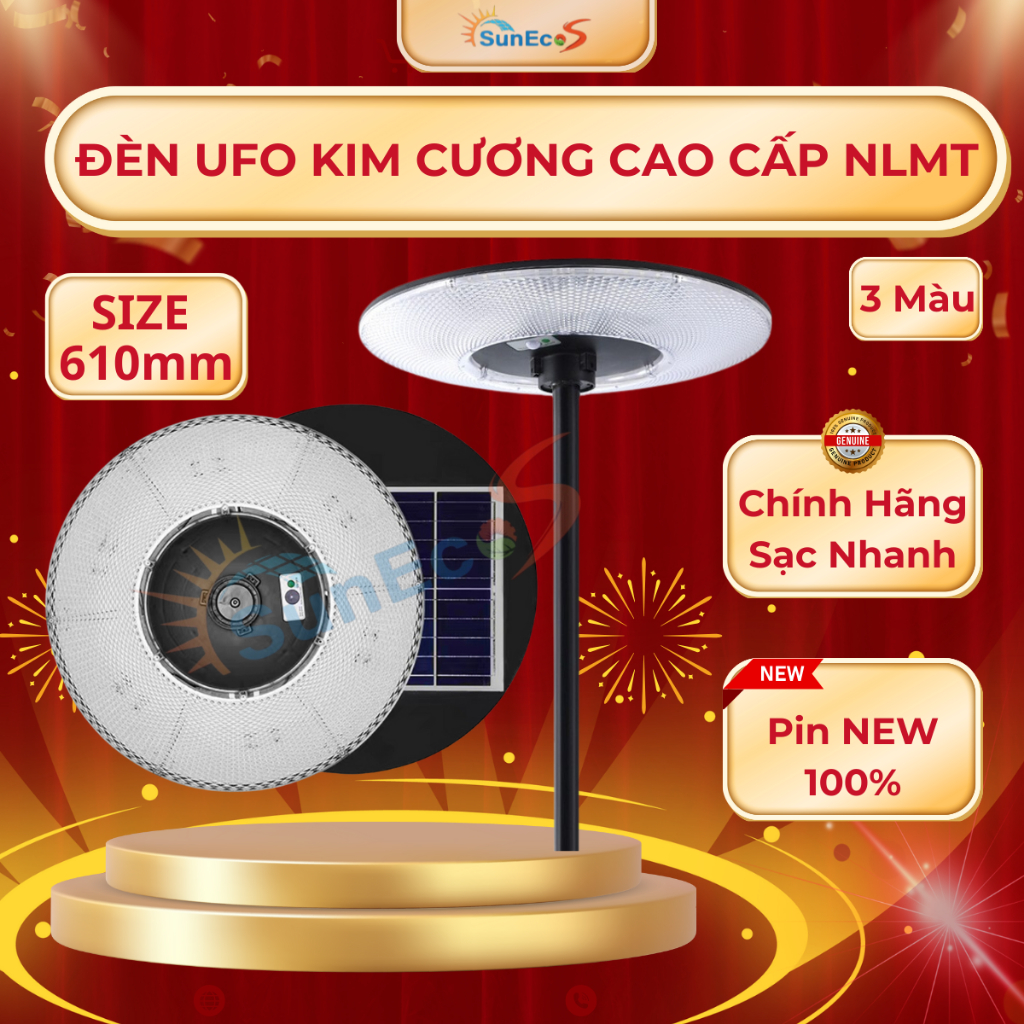 Đèn Năng Lượng Mặt Trời UFO Kim Cương Suneco 1000W Vỏ nhựa ABS 35000mAh Tấm Pin Liền Cảm Biến Ánh Sáng BH 24 Tháng