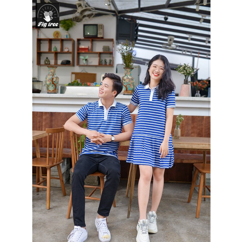 Set Áo Váy Đôi Thun Polo Fig Tree Sọc Xanh Bích - Shop Chuyên Sản Phẩm Đồ Đôi Uy Tín
