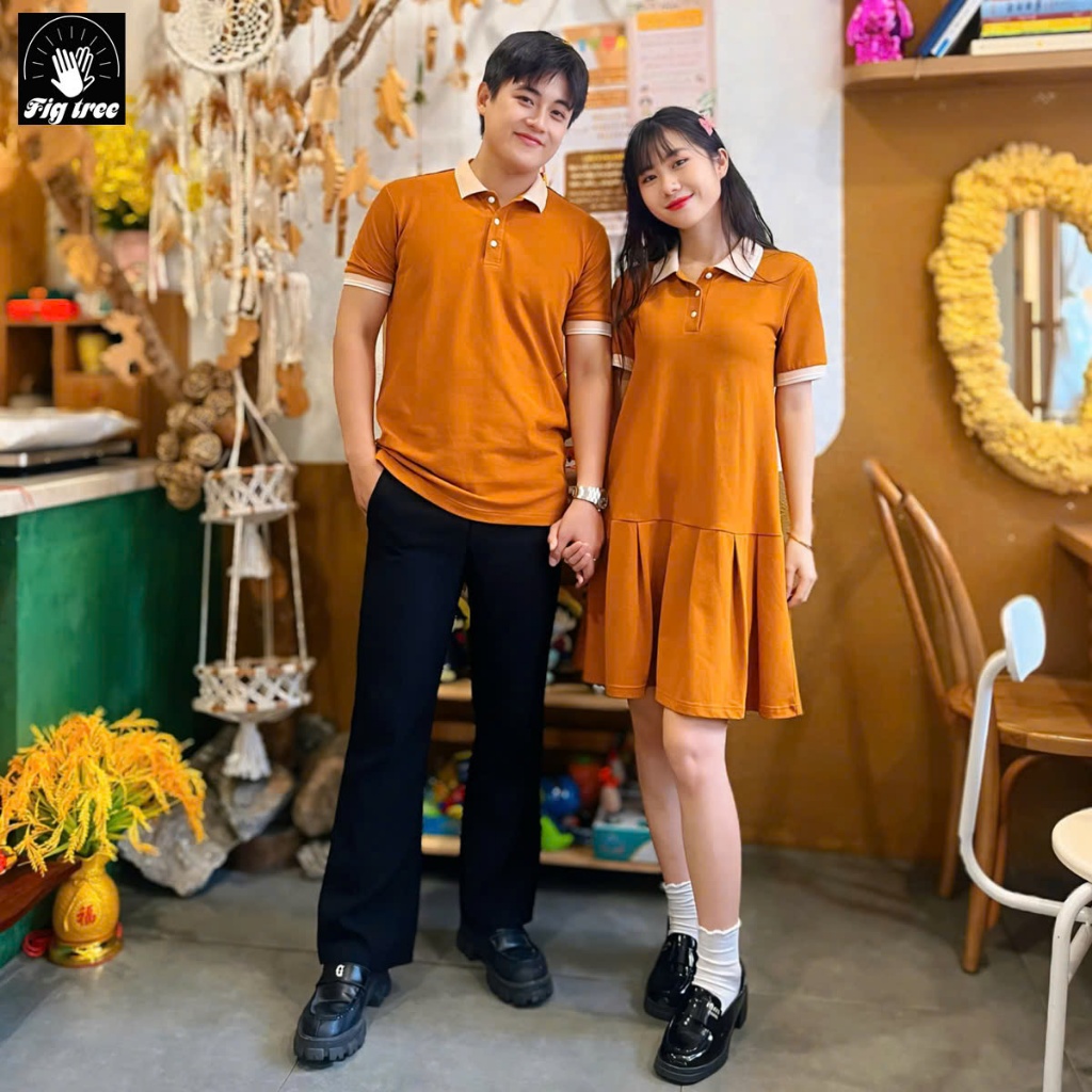 Set Áo Váy Đôi Fig Tree, Đồ Đôi Thun Polo Cá Sấu Màu Cam Đất, Chất Dày Dặn, Hàng thiết kế, Có Size