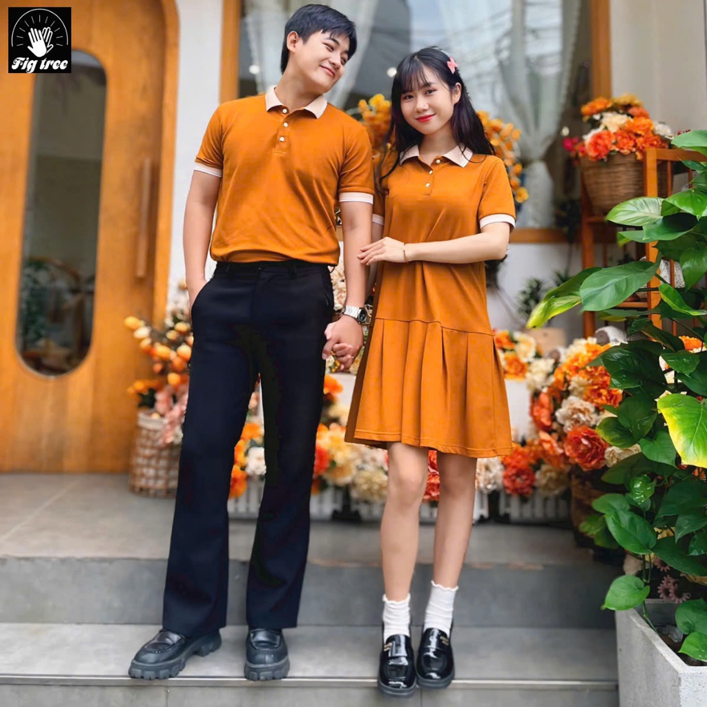 Set Áo Váy Đôi Fig Tree, Đồ Đôi Thun Polo Cá Sấu Màu Cam Đất, Chất Dày Dặn, Hàng thiết kế, Có Size