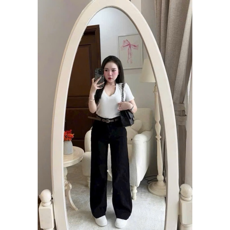 [New Hot] Quần Jeans Suông Đen Nữ Kèm Belt - Siêu Hach Dáng Kèm Ảnh Thật