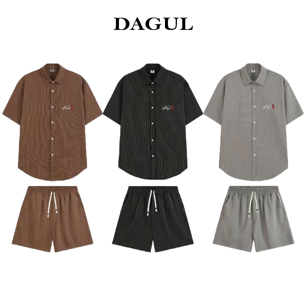 Bộ sơ mi cộc tay DAGUL nam nữ kẻ sọc, logo thêu, cúc bấm inox bản chậu ...