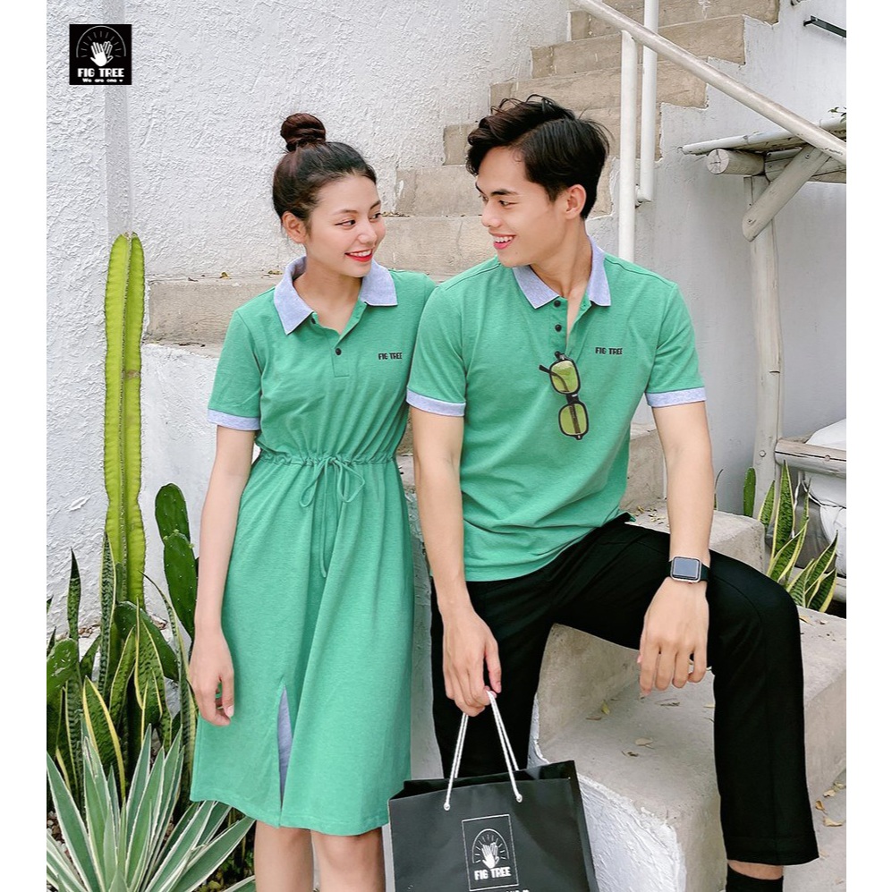 Set Đồ Đôi Đồ Cặp Fig Tree Thun Polo Màu Xanh Cốm Tươi Mát, Vải Cá Sấu Dày Dặn, Hàng thiết kế