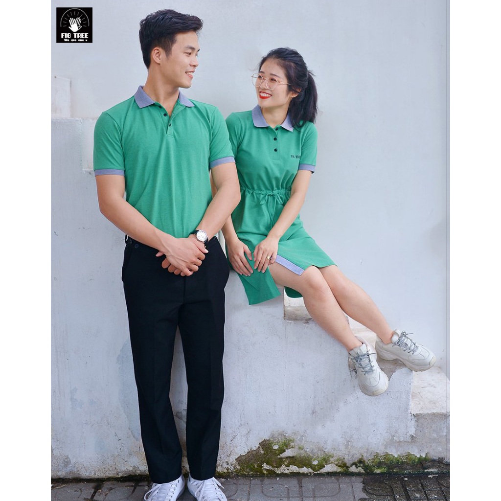 Set Đồ Đôi Đồ Cặp Fig Tree Thun Polo Màu Xanh Cốm Tươi Mát, Vải Cá Sấu Dày Dặn, Hàng thiết kế