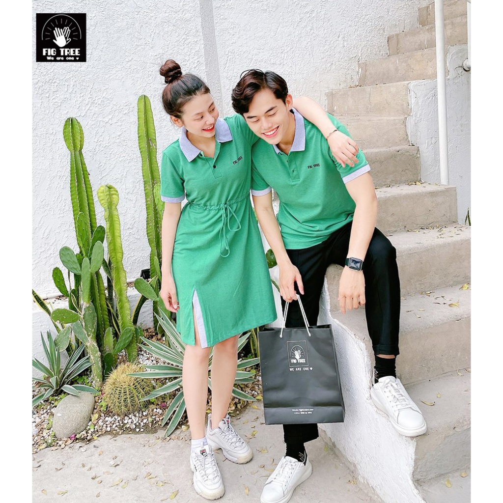 Set Đồ Đôi Đồ Cặp Fig Tree Thun Polo Màu Xanh Cốm Tươi Mát, Vải Cá Sấu Dày Dặn, Hàng thiết kế