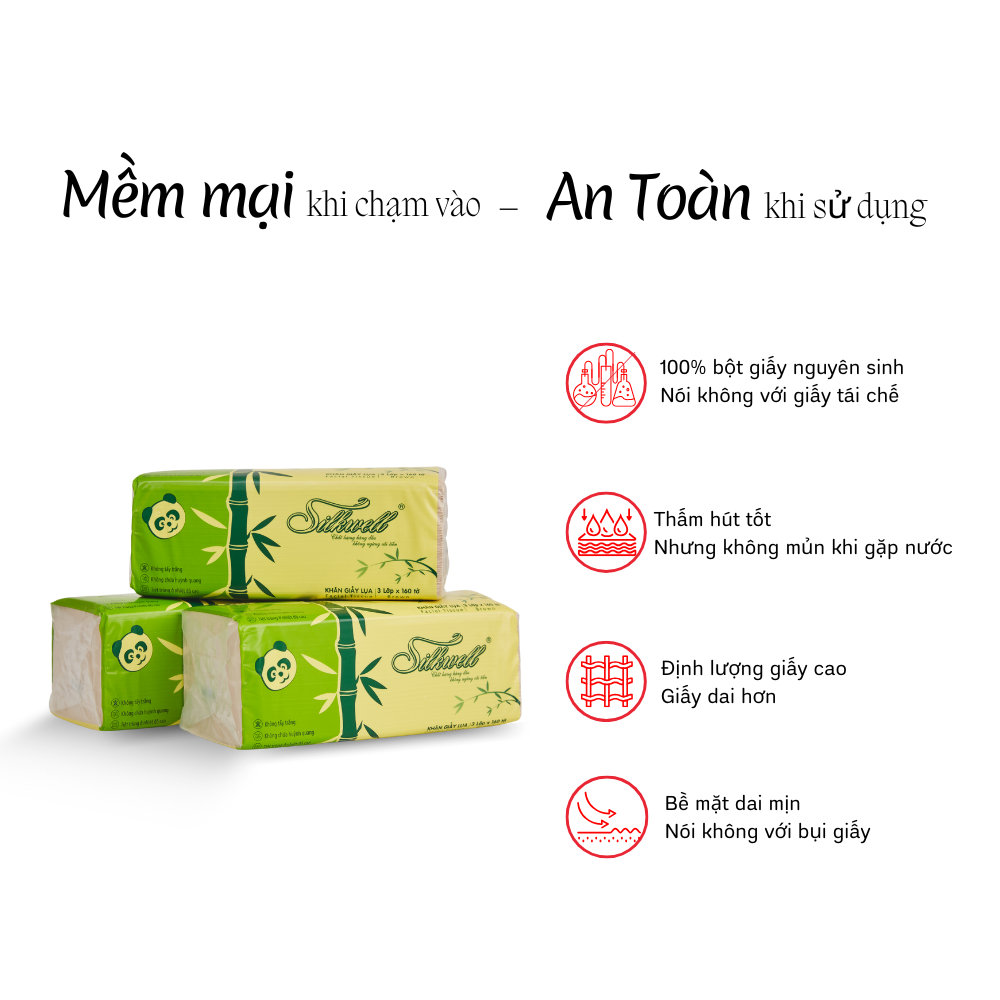 Thùng 9 gói Khăn giấy rút Nâu Silkwell 160 tờ 3 lớp dai mịn, giấy ăn gấu trúc 100% từ bột giấy tre tự nhiên