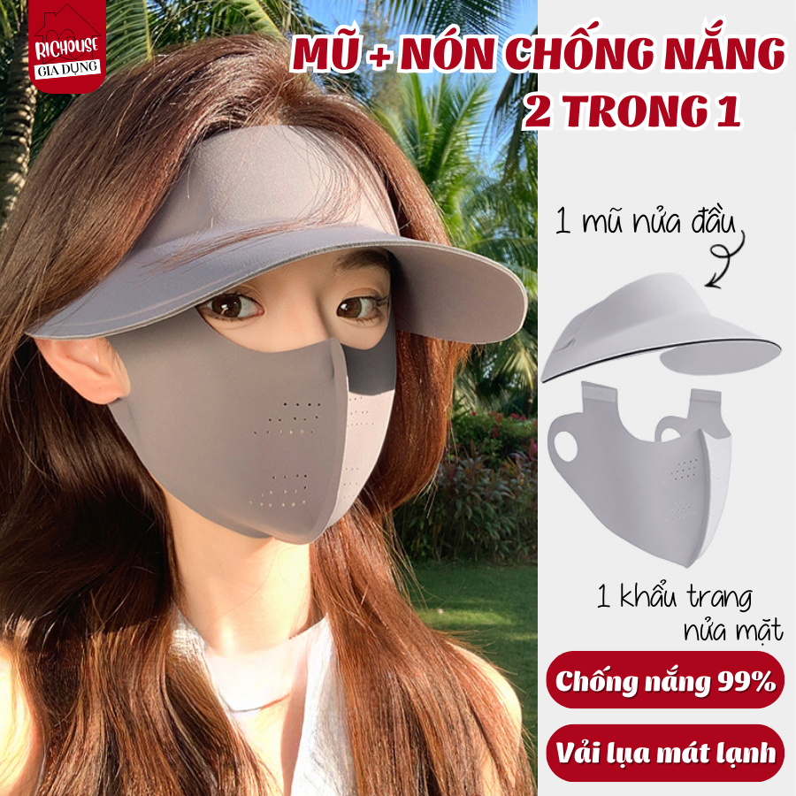 Mũ Kèm Khẩu Trang Chống Nắng Toàn Mặt Chất Lụa Hàn Mát Lạnh, Ngăn Tia Cực Tím Có Thể Tháo Rời