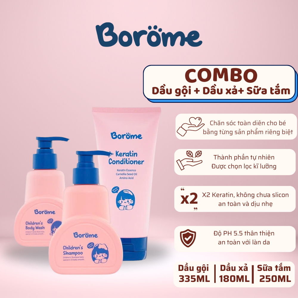 Combo dầu gội + dầu xả + sữa tắm trẻ em Borome công thức dịu nhẹ, dung tích 335ml