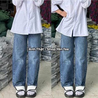 Quần ống xuông đính đá Yến Tee cạp cao 1 cúc mặc đi học , đi chơi cho nữ chất jeans cao cấp #1005