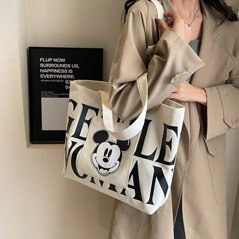 Túi tote vải canvas hoạ tiết chữ mickey đựng vừa giấy a4