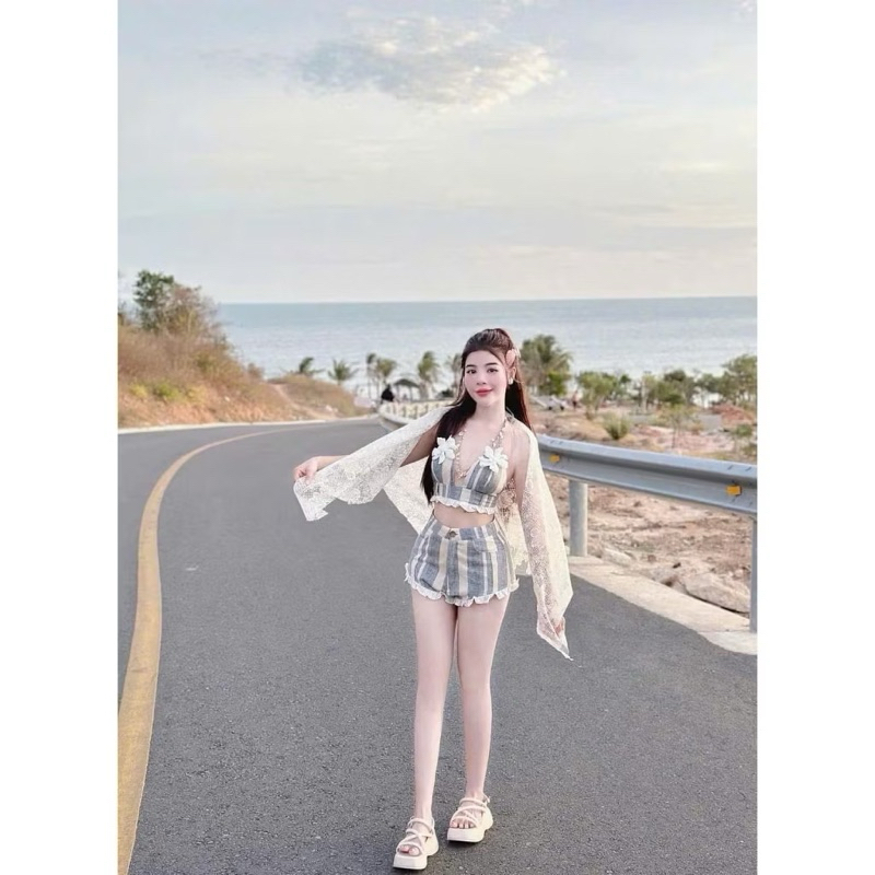 [BKN 063] set Bikini đi biển 3 món KAKI SỌC, bra đính hoa,kèm khăn siêu xinh HAN.T Shop