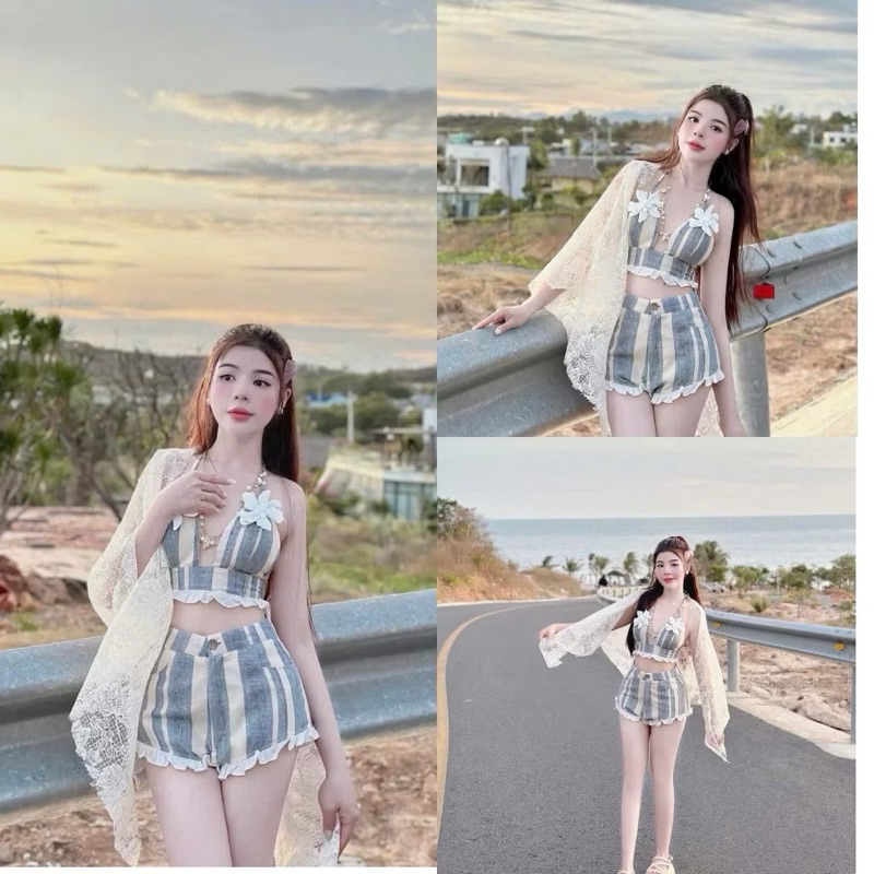 [BKN 063] set Bikini đi biển 3 món KAKI SỌC, bra đính hoa,kèm khăn siêu xinh HAN.T Shop