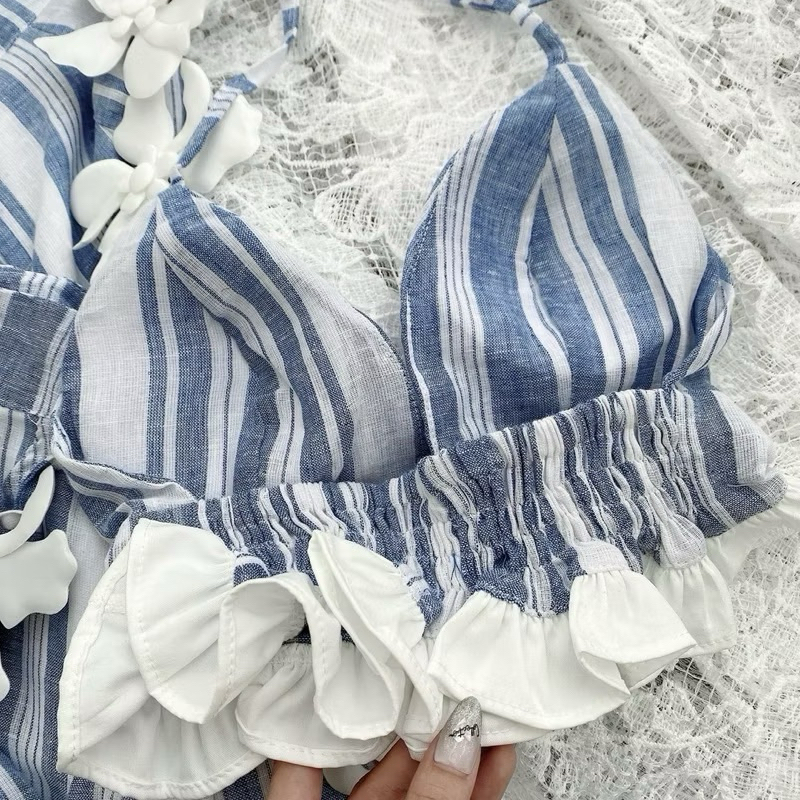 [BKN 063] set Bikini đi biển 3 món KAKI SỌC, bra đính hoa,kèm khăn siêu xinh HAN.T Shop