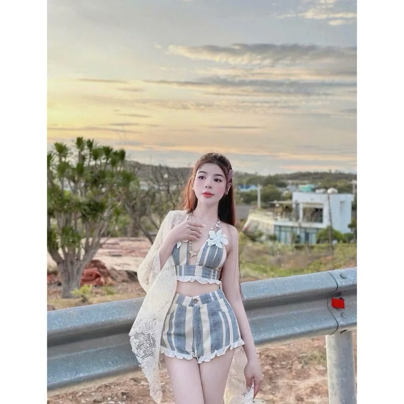 [BKN 063] set Bikini đi biển 3 món KAKI SỌC, bra đính hoa,kèm khăn siêu xinh HAN.T Shop