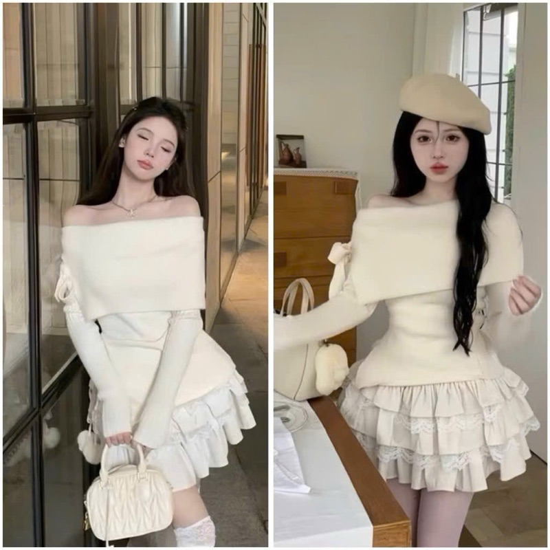 Set váy nữ Áo trễ vai mix với chân váy tầng thắt nơ ngang vai bánh bèo ...