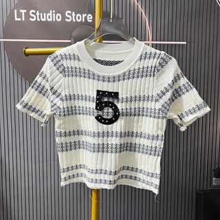 Áo len ôm cộc tay cổ tròn, hoạ tiết bông hoa thêu kiểu kẻ sọc ngang free size 559