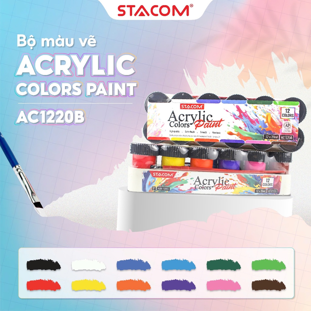 [Trợ giá] Bộ màu vẽ acrylic 12 màu Stacom, dung tích 20ml màu, tươi sáng, kèm Cọ Vẽ | Stacom AC1220B