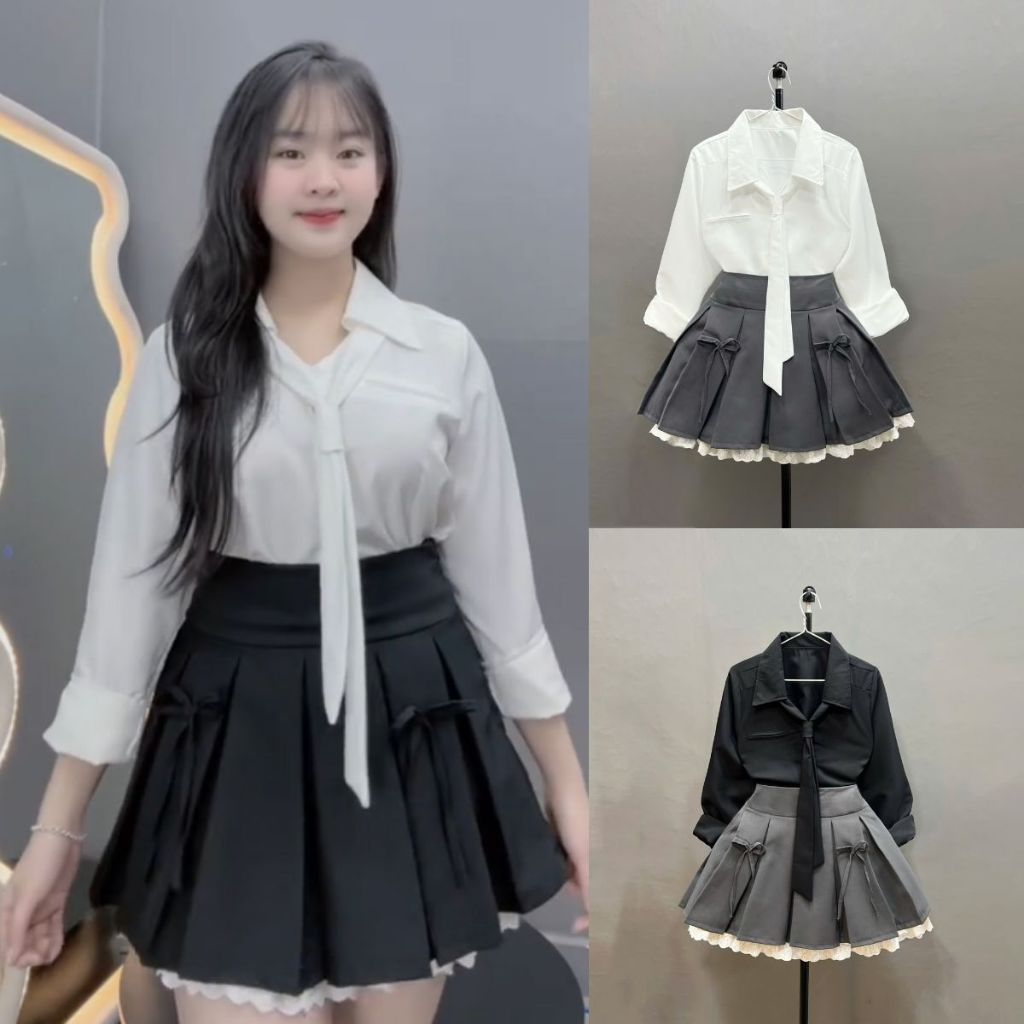 Set Bộ Công Sở Bigsize Nữ Sơ Mi Vải Lụa Chéo Kèm Chân Váy Xòe Ren Mềm Chất Tây Lưng Cao SET973