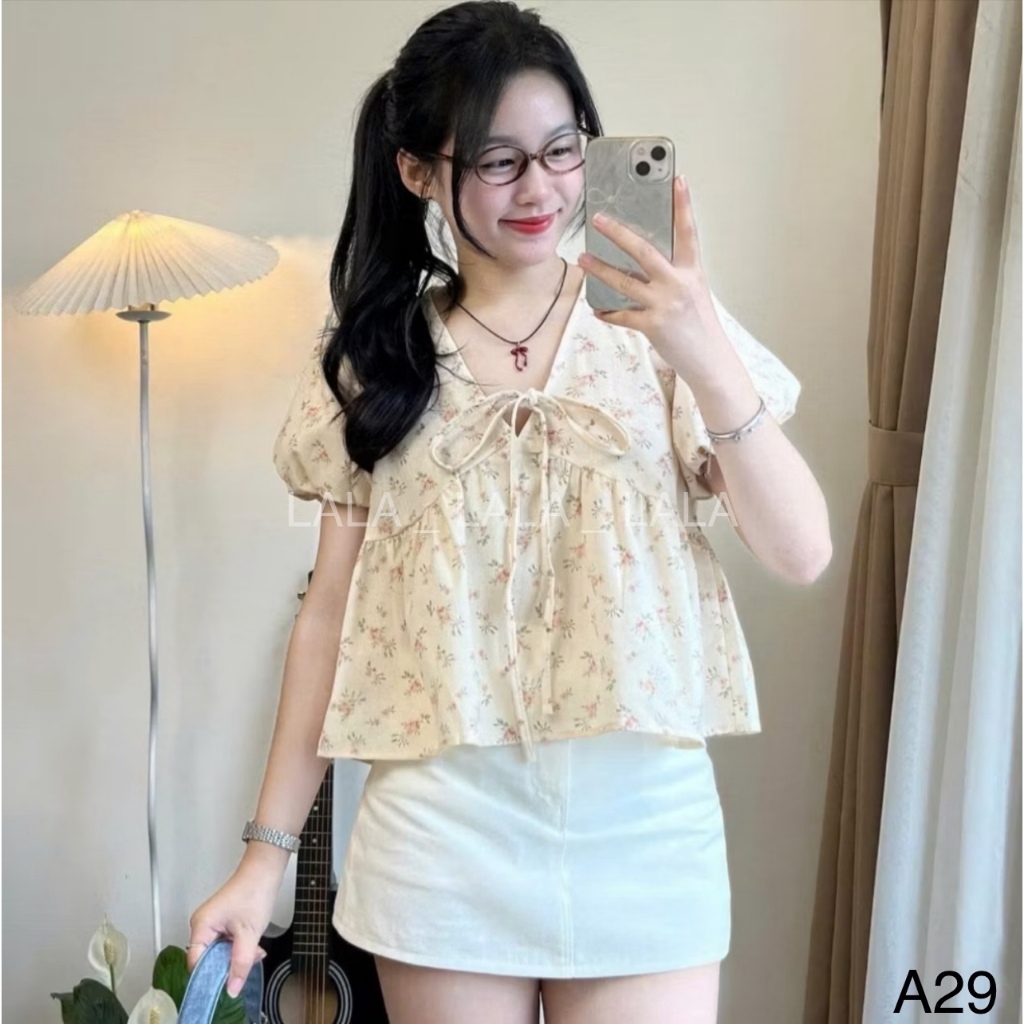 Áo babydoll họa tiết hoa cổ chữ V thắt nơ xinh xắn LALA  A29