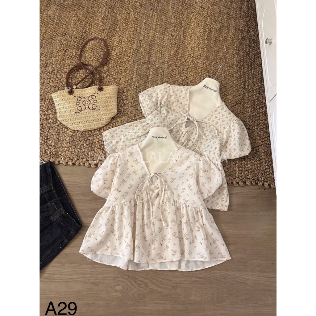 Áo babydoll họa tiết hoa cổ chữ V thắt nơ xinh xắn LALA  A29