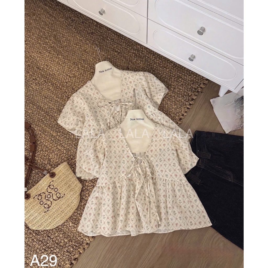 Áo babydoll họa tiết hoa cổ chữ V thắt nơ xinh xắn LALA  A29