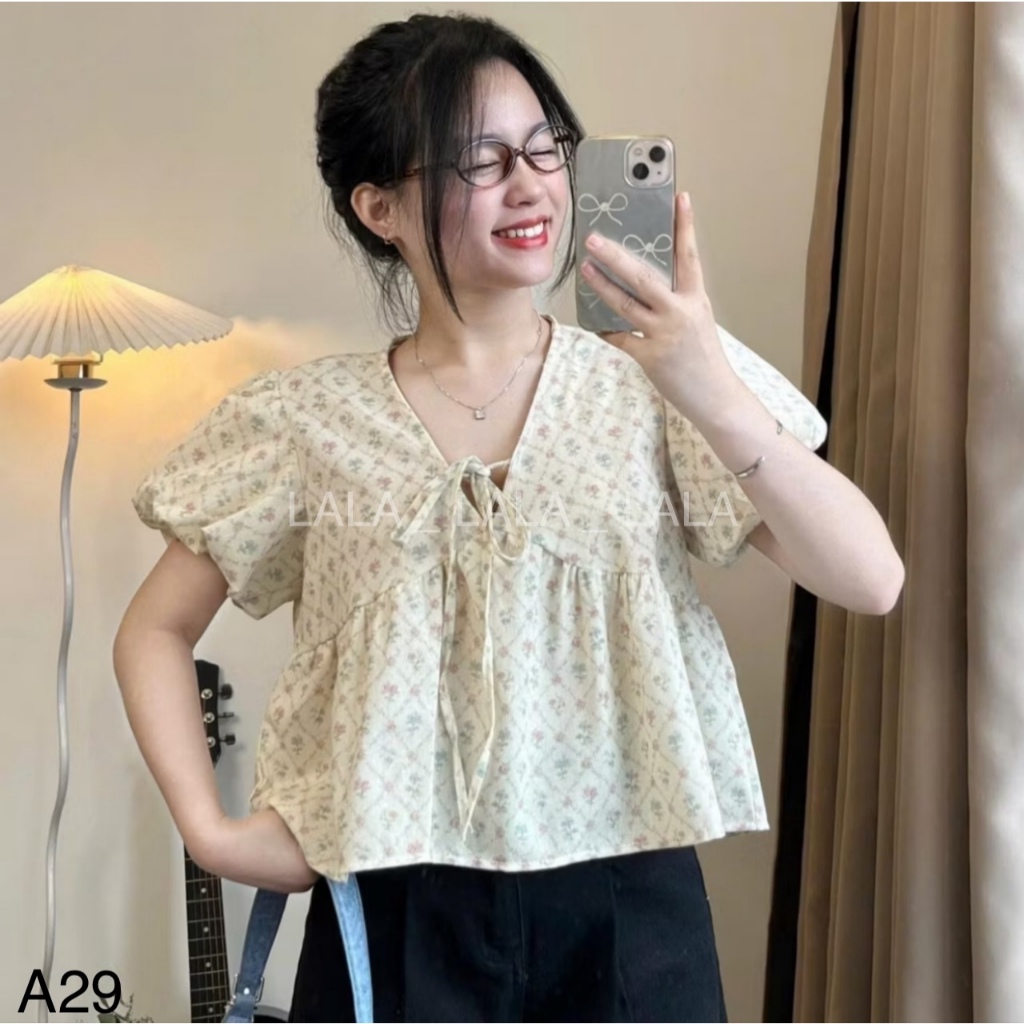 Áo babydoll họa tiết hoa cổ chữ V thắt nơ xinh xắn LALA  A29