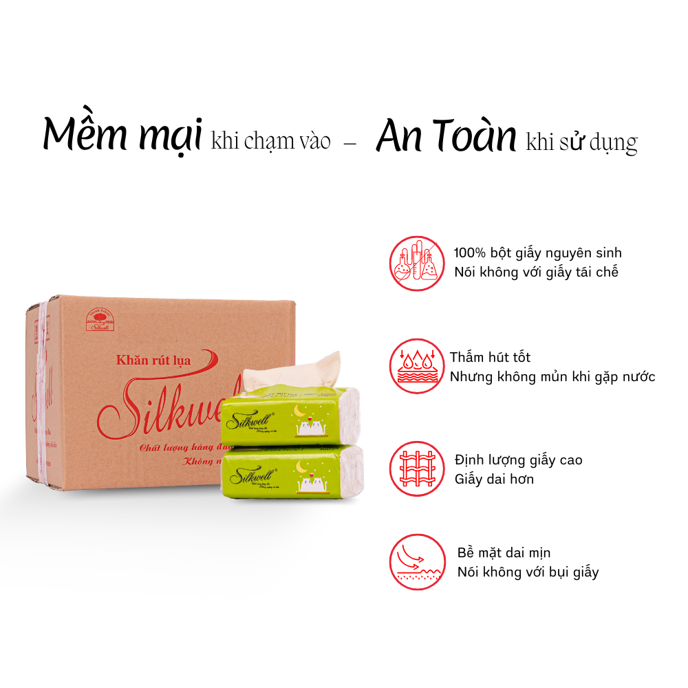 Thùng 30 gói Giấy ăn Silkwell nâu bỏ túi 100 tờ 3 lớp, giấy ăn 100% từ bột tre nguyên chất