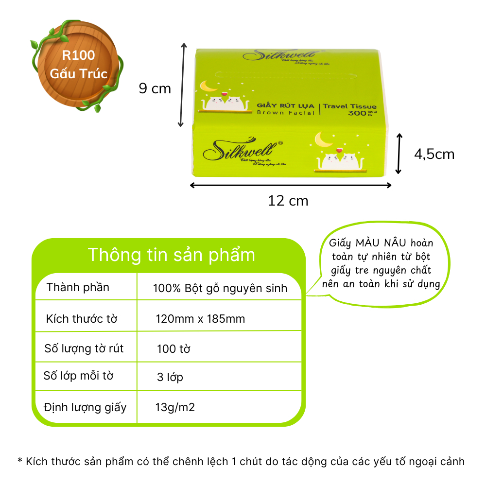 Thùng 30 gói Giấy ăn Silkwell nâu bỏ túi 100 tờ 3 lớp, giấy ăn 100% từ bột tre nguyên chất