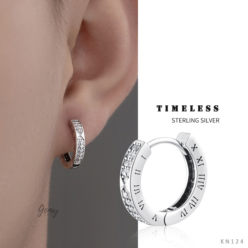 Khuyên tai bạc 925 nam tròn đá bản to basic đeo hàng ngày (1 chiếc) | GEMY SILVER KN44 KN124 KN144