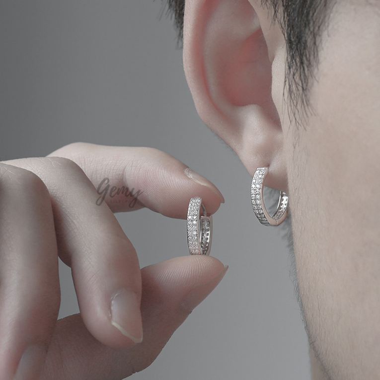 Khuyên tai bạc 925 nam tròn đá bản to basic đeo hàng ngày (1 chiếc) | GEMY SILVER KN44 KN124 KN144